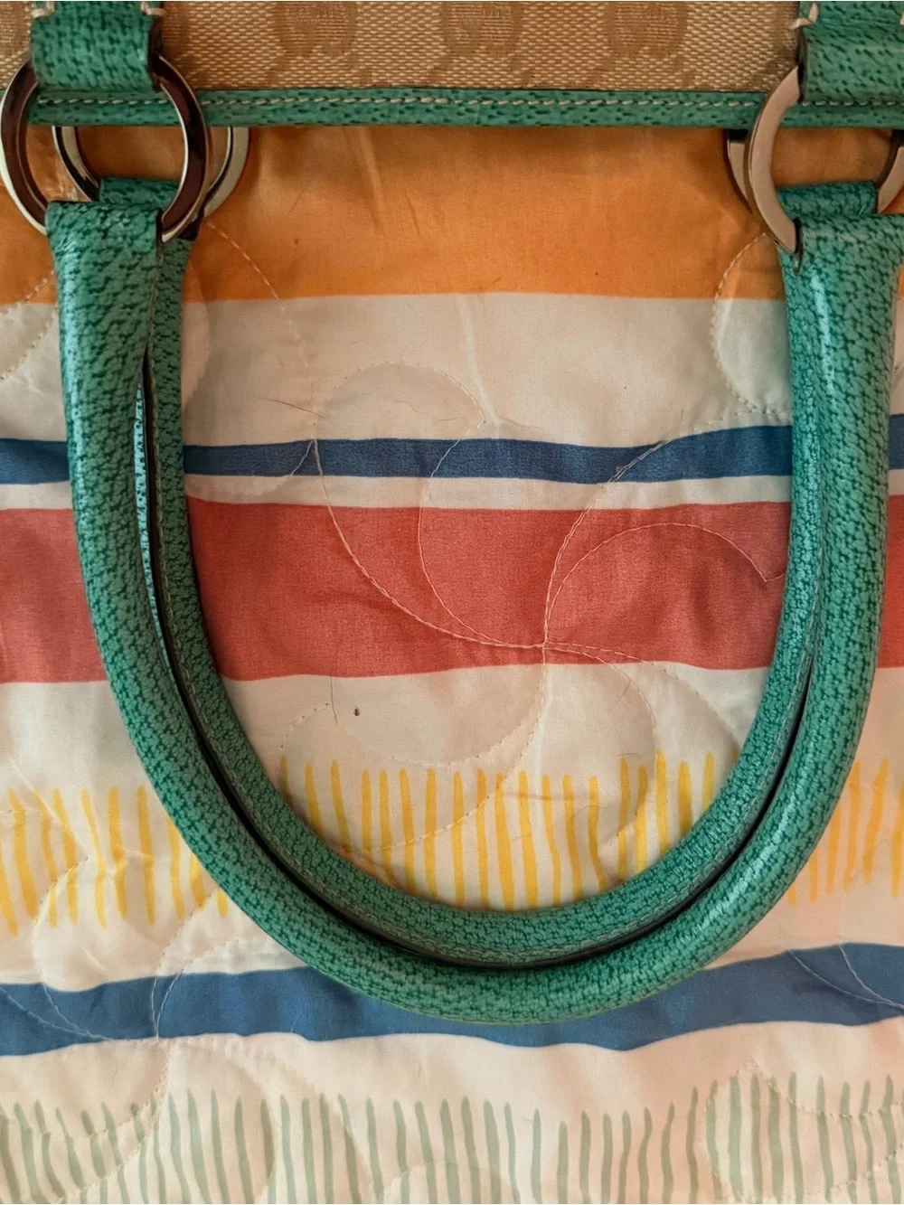 Gucci Abbey Tote   Beige GG Canvas Tote with Teal Leather Accents